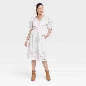 NWT TARGET Knox Rose Women's Short Puff Sleeve Eyelet Midi Dress Smocked Waist